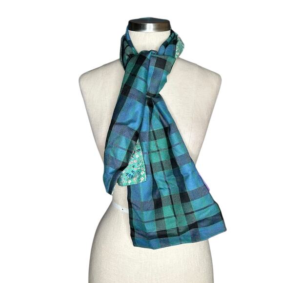 LOULLY MAKES DESIGNS Plaid Floral Wool Cotton Reversible Scarf Blue Green - Picture 1 of 6